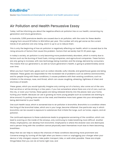 Air Pollution and Health Persuasive Essay