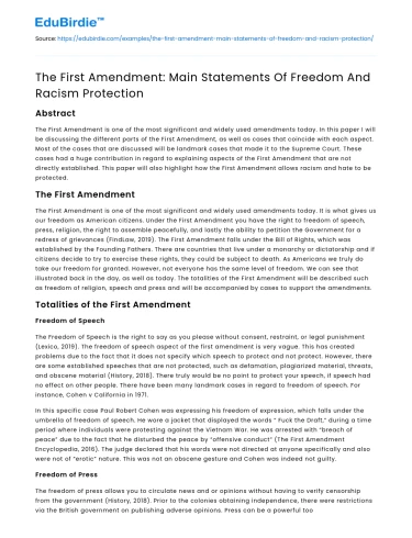 The First Amendment: Main Statements Of Freedom And Racism Protection