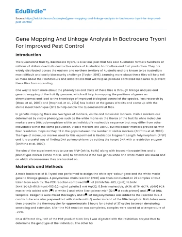 Gene mapping and linkage analysis in Bactrocera Tryoni for pest control