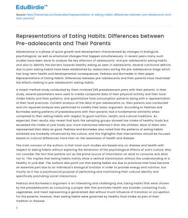 Eating Habits: Pre-adolescents vs Parents
