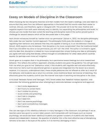 Essay on Models of Discipline in the Classroom