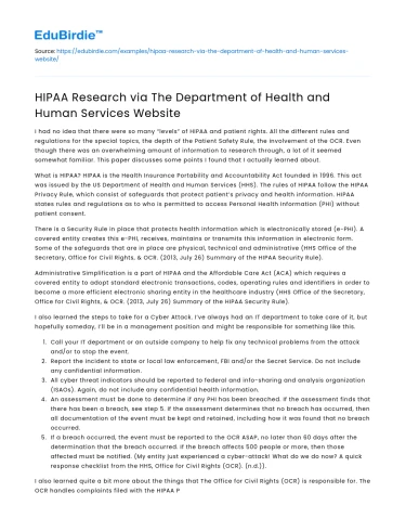 HIPAA Research via The Department of Health and Human Services Website