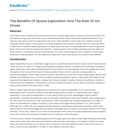 The Benefits Of Space Exploration And The Role Of Ion Drives