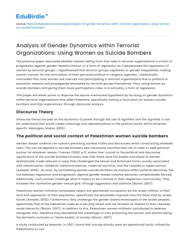 Gender Dynamics in Terrorist Orgs: Women Suicide Bombers