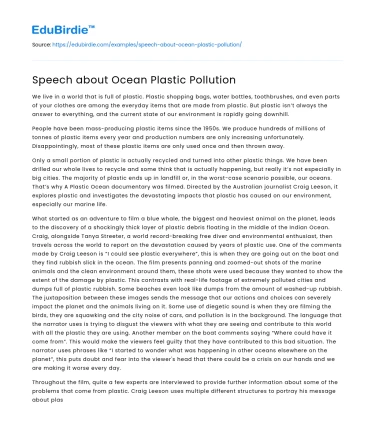 Speech about Ocean Plastic Pollution