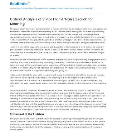 Critical Analysis of Viktor Frankl ‘Man’s Search for Meaning’
