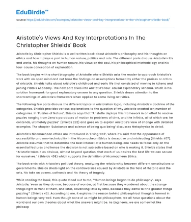 Aristotle’s Views And Key Interpretations In The Christopher Shields’ Book
