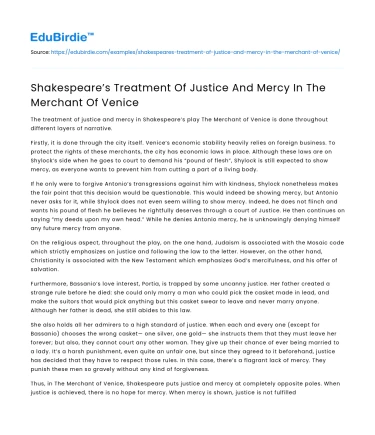 Shakespeare’s Treatment Of Justice And Mercy In The Merchant Of Venice