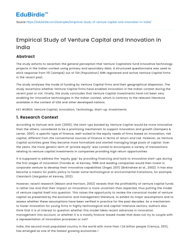 Empirical Study of Venture Capital and Innovation in India