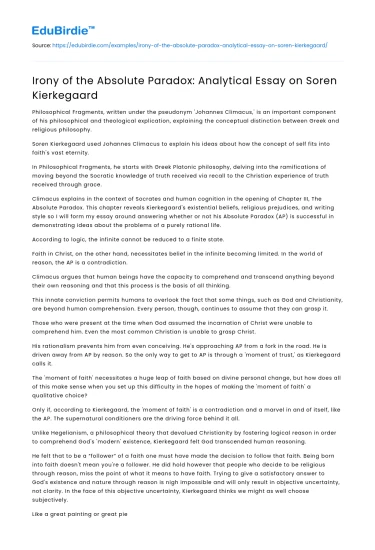 Irony of the Absolute Paradox: Analytical Essay on Soren Kierkegaard