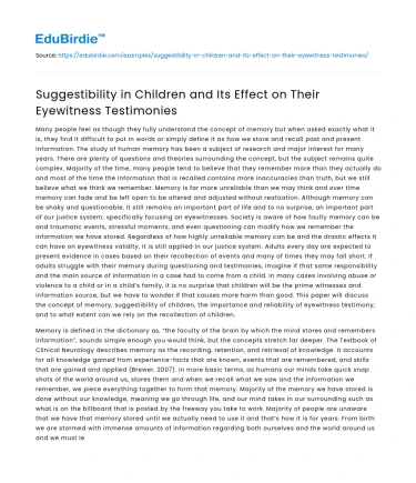 Suggestibility in Children and Its Effect on Their Eyewitness Testimonies