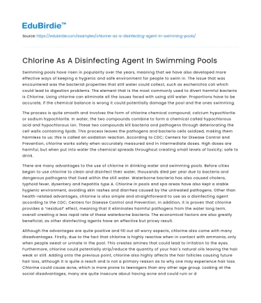 Chlorine As A Disinfecting Agent In Swimming Pools