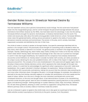 Gender Roles Issue In Streetcar Named Desire By Tennessee Williams