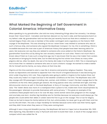 Origin of Self Government in Colonial America