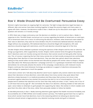 Roe V. Wade Should Not Be Overturned: Persuasive Essay