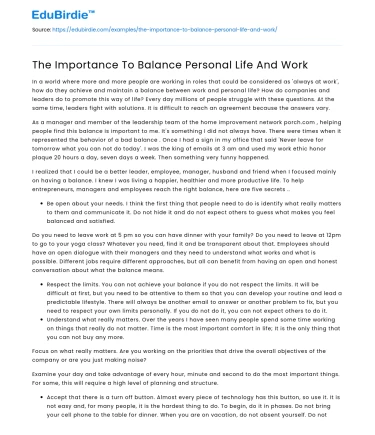 The Importance To Balance Personal Life And Work