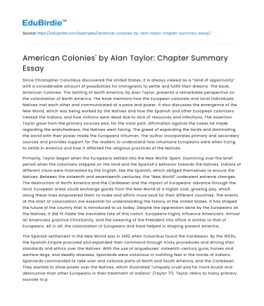 American Colonies’ by Alan Taylor: Chapter Summary Essay