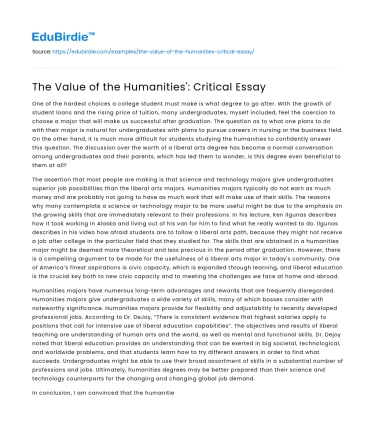 The Value of the Humanities’: Critical Essay
