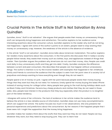 Crucial Points In The Article Stuff Is Not Salvation By Anna Quindlen