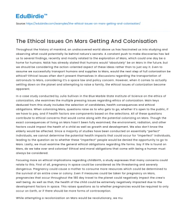 The Ethical Issues On Mars Getting And Colonisation