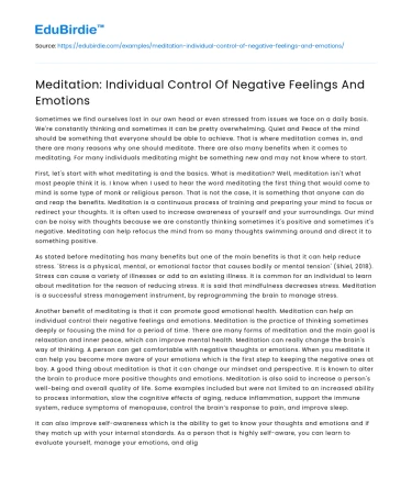 Meditation: Individual Control Of Negative Feelings And Emotions