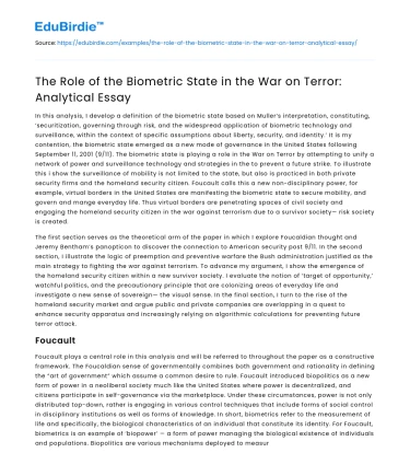 The Role of the Biometric State in the War on Terror: Analytical Essay