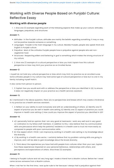 Working with Diverse People Based on Punjabi Culture: Reflective Essay