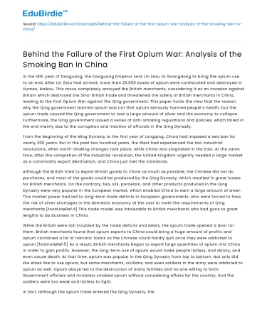 Failure of First Opium War: Smoking Ban in China Analysis