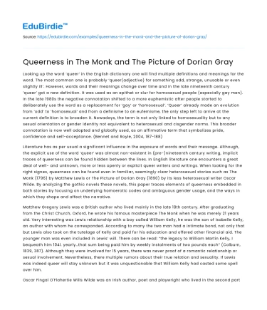 Queerness in The Monk and The Picture of Dorian Gray