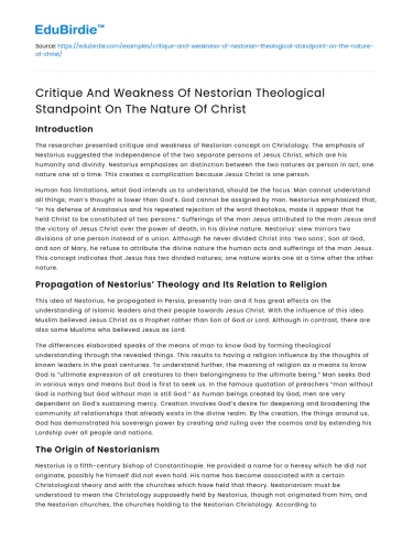 Nestorian Theological Standpoint: Critique and Weakness