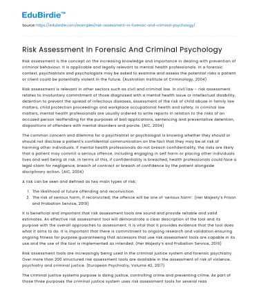 Risk Assessment In Forensic And Criminal Psychology