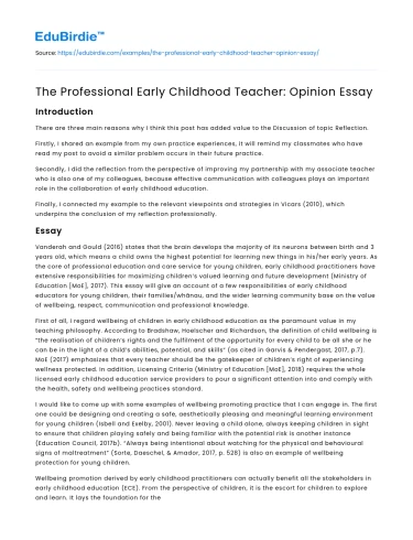 The Professional Early Childhood Teacher: Opinion Essay