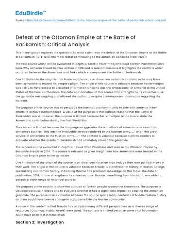 Ottoman Empire’s Defeat at Sarikamish: Critical Analysis