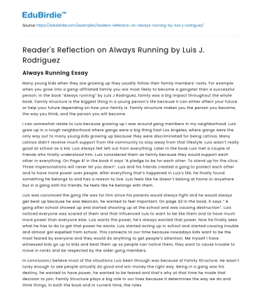 Reader’s Reflection on Always Running by Luis J. Rodriguez