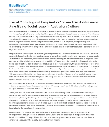 Analyzing Joblessness as a Social Issue in Australian Culture