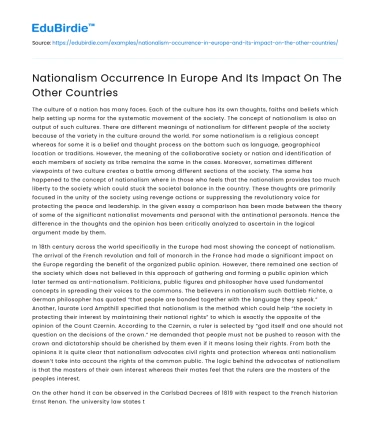 The Rise of Nationalism in Europe and Its Global Repercussions