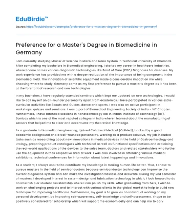 Preference for a Master’s Degree in Biomedicine in Germany