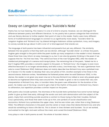 Essay on Langston Hughes ‘Suicide’s Note’