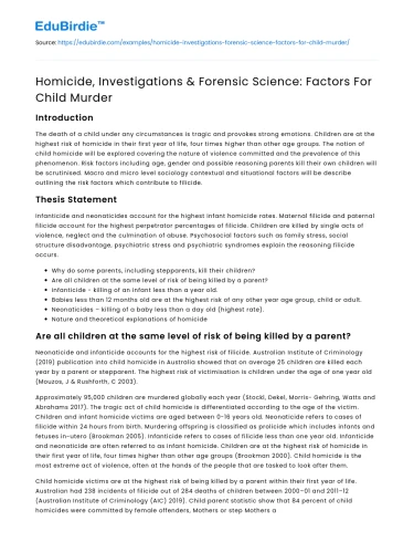 Homicide, Investigations & Forensic Science: Factors For Child Murder