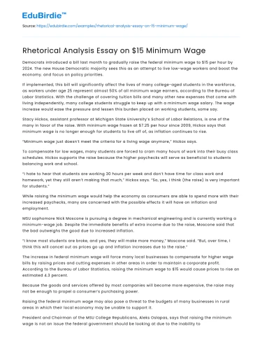 Rhetorical Analysis Essay on $15 Minimum Wage