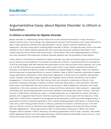 Argumentative Essay about Bipolar Disorder: Is Lithium a Salvation