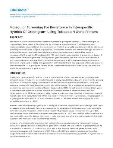 Resistance Screening in Greengram Hybrids Using Tobacco N Gene Primers