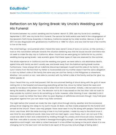 Reflection on My Spring Break: My Uncle’s Wedding and His Funeral