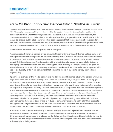 Palm Oil Production and Deforestation: Synthesis Essay