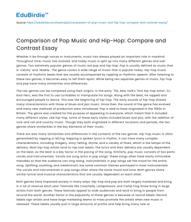 Comparison of Pop Music and Hip-Hop: Compare and Contrast Essay