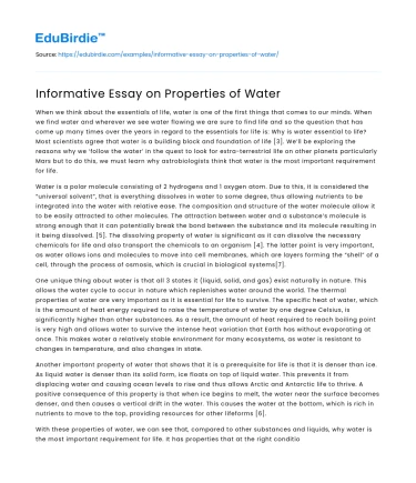 Informative Essay on Properties of Water