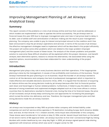 Improving Management Planning of Jet Airways: Analytical Essay