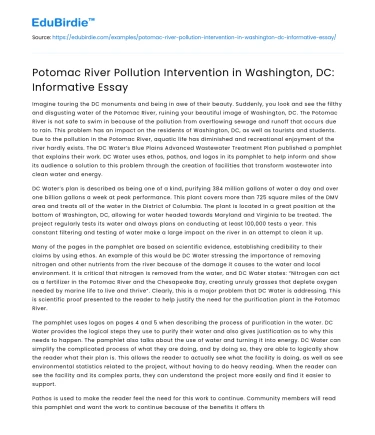 Potomac River Pollution Intervention in Washington, DC