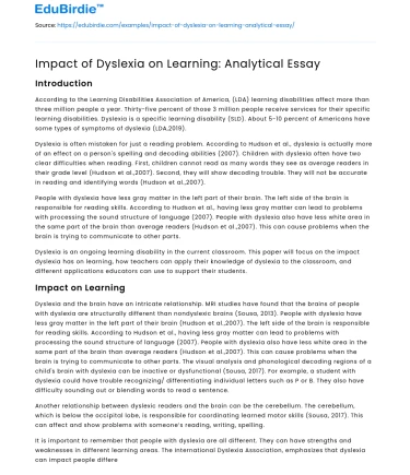 Impact of Dyslexia on Learning: Analytical Essay