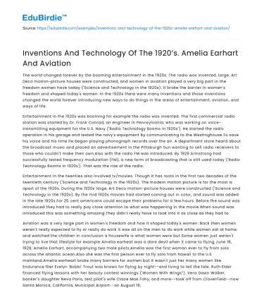 Inventions And Technology Of The 1920’s. Amelia Earhart And Aviation